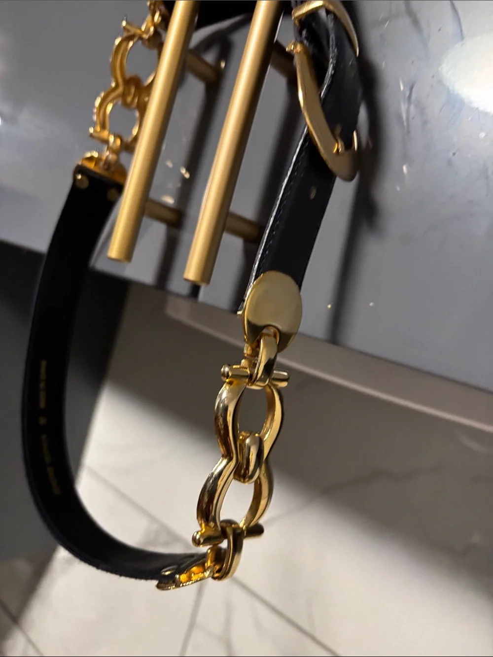 Louis Vuitton Black Leather Belt with Gold Chain Accents - comes with some rubs